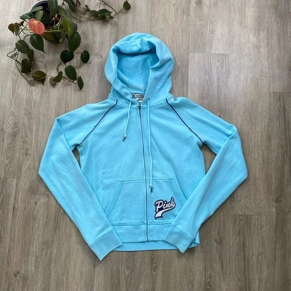 Vintage Y2K 00’s 08’ PINK Victoria's Secret Light Blue Peace Sign Zip Up Hoodie - Picture 2 of 16